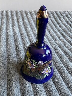 Vintage Cobalt Blue Porcelain Bell w/Bird and Floral Design-Asian Kutani Style
